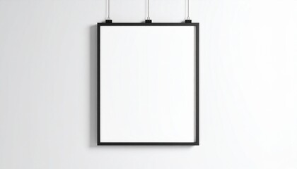 Empty white framed poster on clean white wall for artwork and branding mockup purposes image