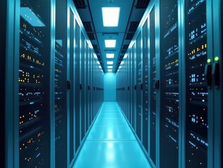 Server racks in a sterile data canter, pulsing with blue light, AI processing. 