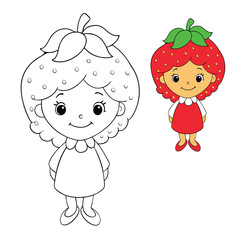 Adorable strawberry-themed doll coloring page, featuring a cute doll in a berry dress with sweet details, perfect for kids to add vibrant colors and creative flair.
