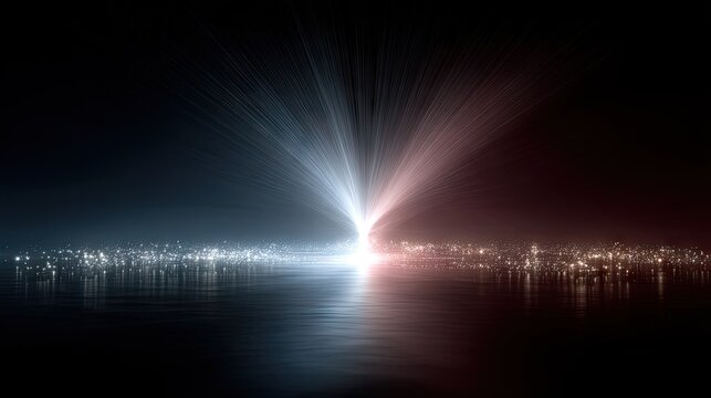 Abstract Visualization of Malware Detection Algorithm:  Red and Blue Light Streams Over City Reflection - Powered by Adobe