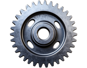 Classic Beige Computer on Wood Desk with OfficSolid Cast Iron Gear Mechanism – Top-Down Technical View PNG Accessories – Angled Composition PNG