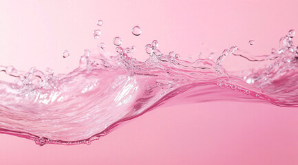 A vibrant splash of clear water creates a dynamic wave and delicate droplets on a calm, reflective pink surface, highlighting its translucent beauty.
