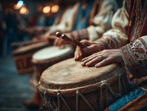 Close-up of traditional instruments being played during the parade - hands beating a tabal drum and blowing a dol&ccedil;aina. Focus on textures of worn wood and embroidered cuffs.