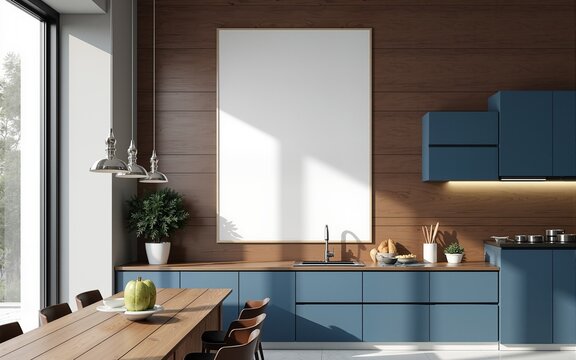 Blank poster mockup on dark wood wall in modern kitchen interior with blue cabinets, minimalist dining area and clean design layout concept. 3D Rendering. High quality