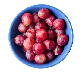 Top view flat lay of a blue bowl packed with red grapes, isolated on white background.  Clean graphic composition promoting nutritious snacking freshness and mindful food choices.

