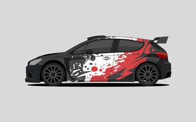 Naklejka premium Black Rally Car with Red and White Splash Graphics – Motorsport Vector Design.