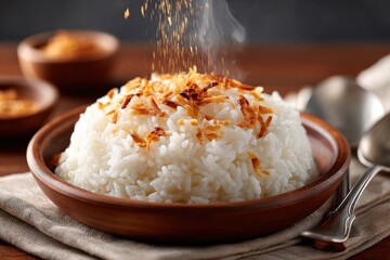 Coconut rice served in a wooden bowl, garnished with crispy coconut flakes, surrounded by rustic utensils and bowls, showcasing a delicious and aromatic dish perfect for any meal