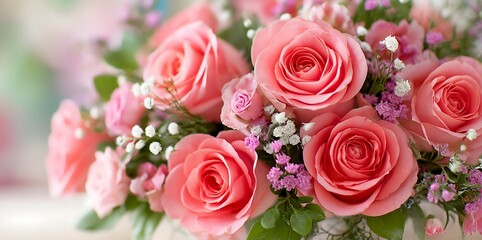 Beautiful pink rose bouquet close-up, romantic floral arrangement with baby's breath, perfect for celebration, wedding, and Mother's Day concepts.