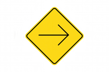 Yellow road sign with black arrow pointing right on transparent background, ideal for traffic, safety, and transportation concepts