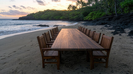 Fototapeta premium Elegant wooden dining table set on a serene beach at sunset surrounded by tropical trees and ocean waves in a tranquil outdoor setting