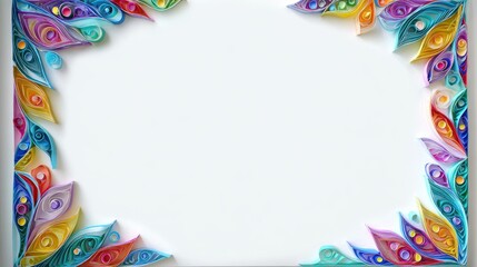 Obraz premium Vibrant quilled paper frame, colorful leaves design, blank center, craft artwork.