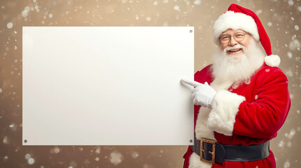 Smiling Santa Claus pointing on blank advertisement banner background with copy space. joyful Santa Claus, dressed in his classic, is smiling and pointing to a large, empty white sign