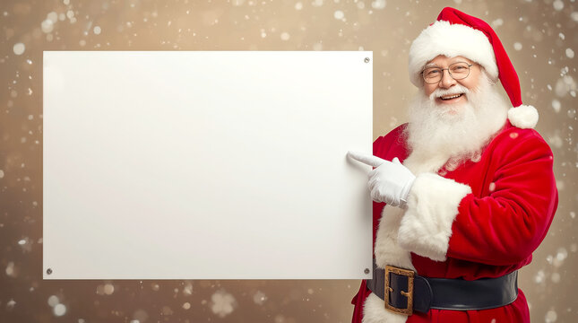 Smiling Santa Claus pointing on blank advertisement banner background with copy space. joyful Santa Claus, dressed in his classic, is smiling and pointing to a large, empty white sign