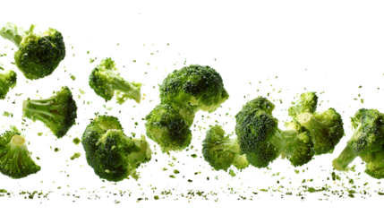 Falling broccoli florets in motion on a white background