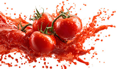 Tomato splashing into red sauce on a white background