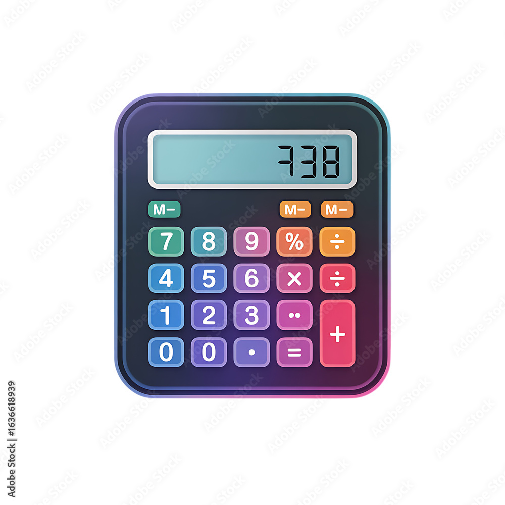 Wall mural modern digital calculator with colorful buttons and a clear display screen isolated on transparent b