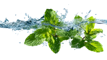 Fresh mint leaves splashing in water with motion on a white background