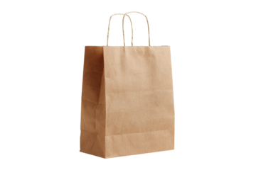 Brown paper shopping bag with white handles isolated on transparent background