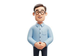 Isolated 3D Render of a Cheerful Businessman Character with Glasses and Blue Shirt