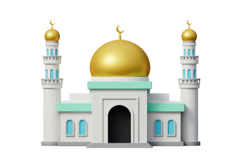 Isolated 3D Render of a Grand Mosque with Golden Domes and Minarets