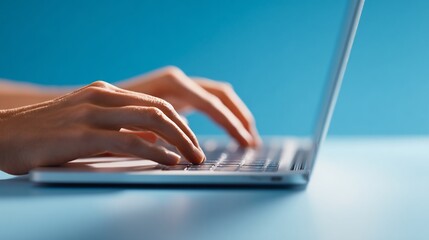 Typing Hands on Laptop, Close-Up, Blue Surface