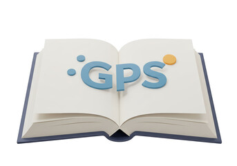Isolated 3D Render of an Open Book with GPS Text and Location Pin