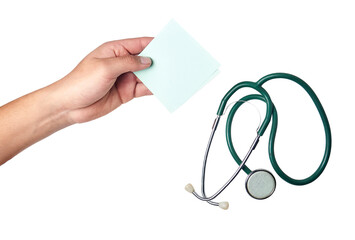 A hand showing a blank reminder note next to a stethoscope, a clean template for medical instructions, appointments, or health messages, isolated on white background.
