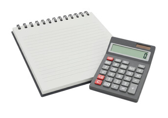 Isolated 3D Render of an Open Spiral Notebook and a Calculator
