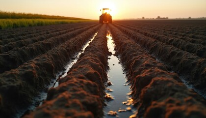 Tractor tracks mark wet soil in plowed field at dawn. Vast landscape shows early morning glow reflecting agricultural activity. Rural farmland prepared for crop cultivation under soft sunlight.