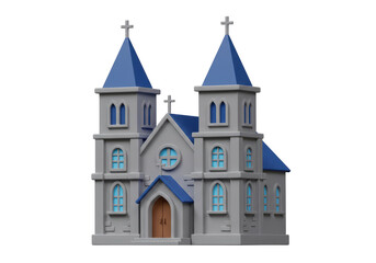 Isolated Cartoon Church with Blue Roofs and Windows