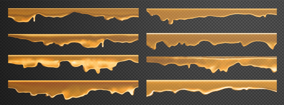 Liquid melted honey with caramel drip drops and realistic splash effects. Golden syrup flow and sticky toffee patterns for dessert backgrounds. Transparent 3D vectors or sweet cartoon sets.