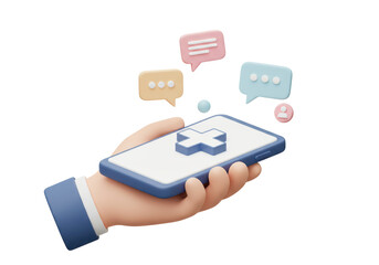 Isolated Hand Holding Phone with Medical Cross and Speech Bubbles