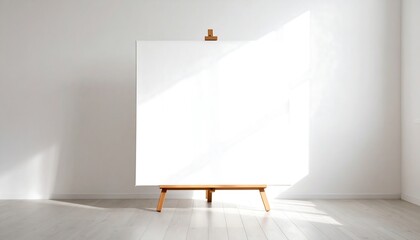  Large blank canvas on a wooden easel, illuminated by bright sunlight and a distinct window shadow
