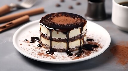 A modern view of Tiramisu with a drizzle of chocolate syrup across the top, resting on a white plate with a simple grey stone background. Full frame .