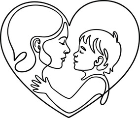 Continuous line drawing of mother and child embracing within a heart shape