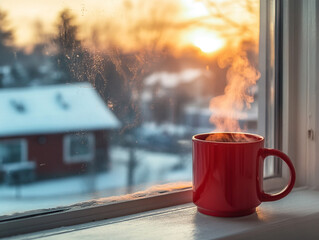 A steaming red mug sits on a windowsill, looking out at a snowy, winter landscape at sunset. The sky is a vibrant mix of orange, red, and yellow.