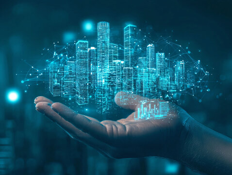 Hand Holding Digital Cityscape with Glowing skyscrapers and Data