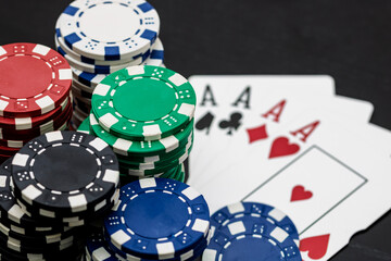 Casino chips and cards on the table. Gambling concept