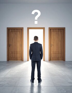 Difficult choice. A indecisive man seen from behind, a question mark above their head, standing before three doors, caught in a moment of indecision and choice.
