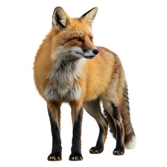 Fototapeta premium Red Fox in the Spotlight: A stunning, full-body shot of a sleek, red fox, its fur a vibrant tapestry of orange and white, standing regally, exuding the untamed spirit of the wilderness.