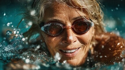 Active Senior Woman Swimming in Outdoor Pool