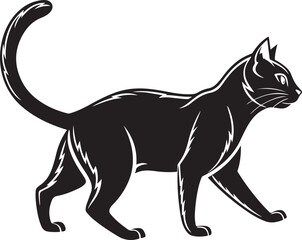 Black silhouette of a walking cat with tail up on white background