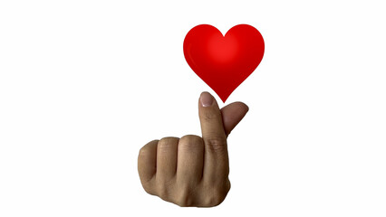 A close-up of a human hand showing a Korean finger-heart gesture with a red heart symbol above the fingers. Isolated on a white background, representing love and affection.