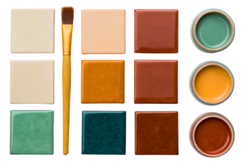 Ceramic glaze color samples with a paintbrush and pottery jars isolated with transparent background