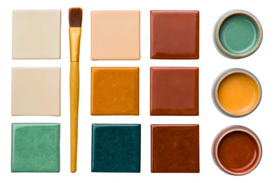 Ceramic glaze color samples with a paintbrush and pottery jars isolated with transparent background