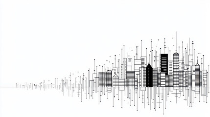Obraz premium Minimalist city skyline illustration featuring black and white geometric buildings with vertical lines representing growth and connectivity