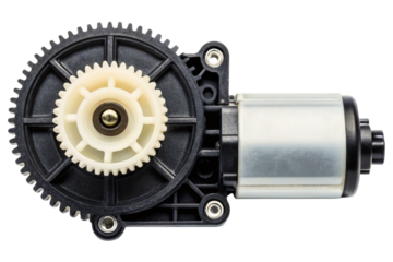 Automotive power window lift motor with plastic gear assembly isolated with transparent background