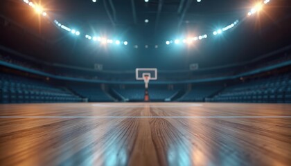 Empty basketball arena wooden floor, hoop visible. Bright spotlights illuminate court, creating energetic atmosphere. Seats in background suggest ready for game day. Sports venue.