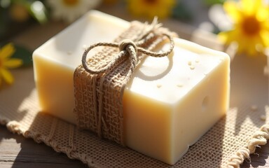Off White Speckled Soap Wrapped in Twine on Burlap with Dried Flowers and Sunlight. High quality