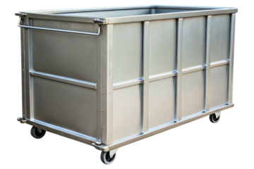 Large stainless steel industrial laundry cart on wheels isolated with transparent background